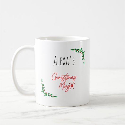 Personalized Holly Berry Candy Cane Name Christmas Kaffeetasse (Links)