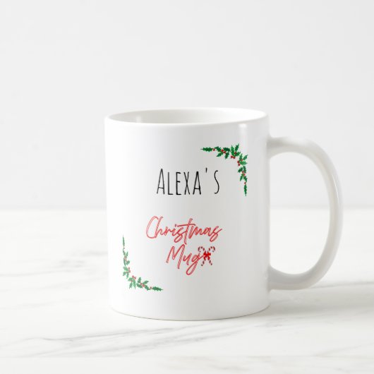Personalized Holly Berry Candy Cane Name Christmas Kaffeetasse (Rechts)