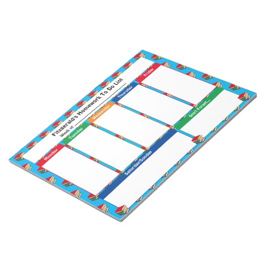 Personalized HOMEWORK TO DO LIST BOOKS Notizblock (angewinkelt)