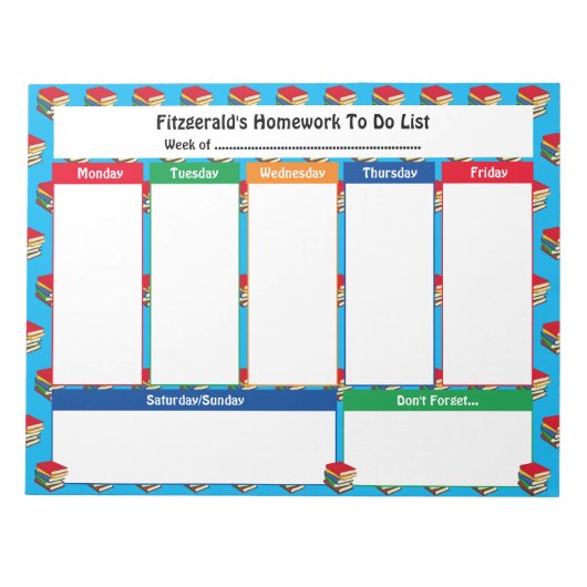 Personalized HOMEWORK TO DO LIST BOOKS Notizblock (Vorderseite)