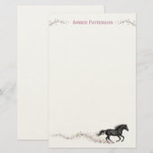 Personalized Horse Stationery Black Horse Flowers Briefpapier (Vorne/Hinten)