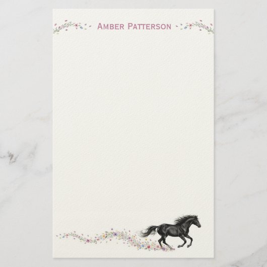 Personalized Horse Stationery Black Horse Flowers Briefpapier (Vorderseite)