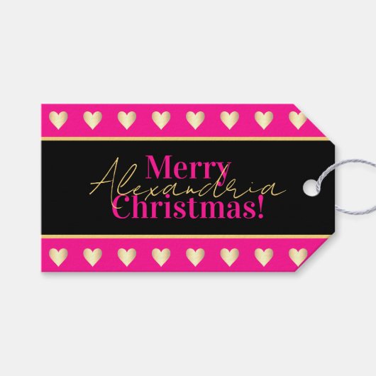 Personalized Hot Pink Black Gold Heart Christmas Geschenkanhänger (Vorderseite (Horizontal))