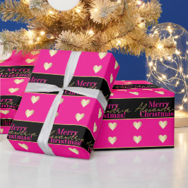 Personalized Hot Pink Black Gold Heart Christmas Geschenkpapier