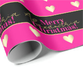 Personalized Hot Pink Black Gold Heart Christmas Geschenkpapier (Rolleneckpunkt)
