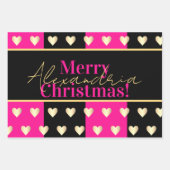 Personalized Hot Pink Black Gold Heart Christmas Geschenkpapier Set (Vorderseite 3)