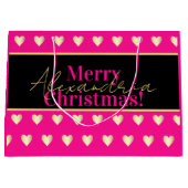 Personalized Hot Pink Black Gold Heart Christmas Große Geschenktüte (Vorderseite)