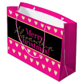 Personalized Hot Pink Black Gold Heart Christmas Große Geschenktüte (Rückseite Schrägansicht)