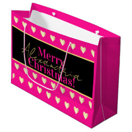 Personalized Hot Pink Black Gold Heart Christmas Große Geschenktüte