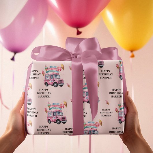 Personalized Ice Cream Truck Pink Birthday Geschenkpapier