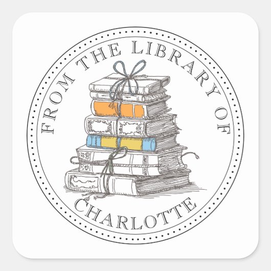 Personalized Illustrated Bundle of Books Bookplate Quadratischer Aufkleber (Vorderseite)