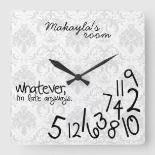 personalized - i'm late anyways - Gray Damask Quadratische Wanduhr