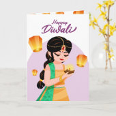Personalized Indian Girl Diwali Floating Lantern Karte (Gelbe Blume)