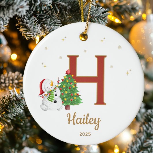 Personalized Initial Letter Custom Name Snowman Keramik Ornament