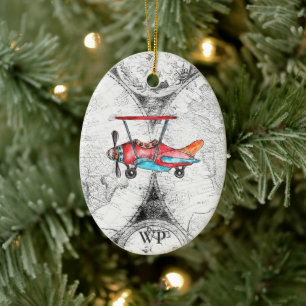 Personalized Initials, Vintage Map, Retro Airplane Keramik Ornament