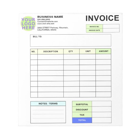 Personalized Invoice Order Form & Business Logo Notizblock (Vorderseite)