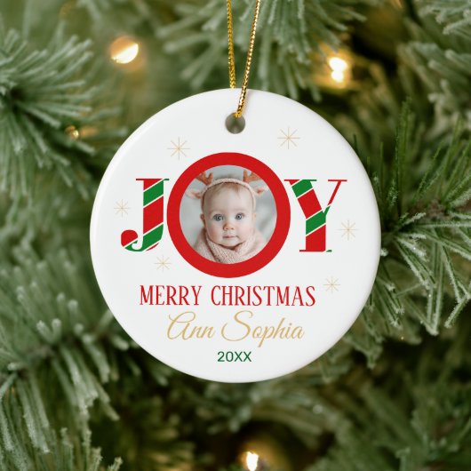 Personalized Joy Christmas Photo Keramik Ornament (Baum)