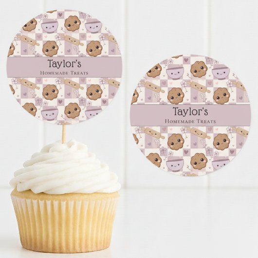 Personalized Kawaii Cookie Gingham Cupcake Topper Runder Aufkleber