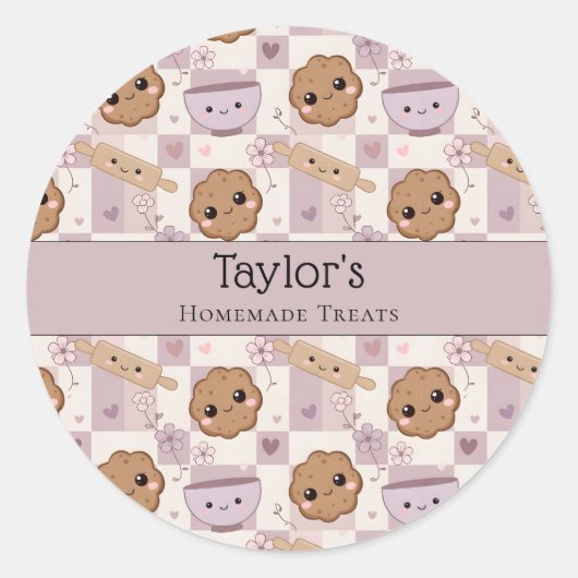 Personalized Kawaii Cookie Gingham Cupcake Topper  Runder Aufkleber (Vorderseite)