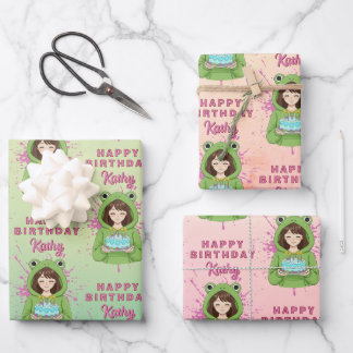 Personalized Kawaii Frog Hoodie Girl Birthday Geschenkpapier Set