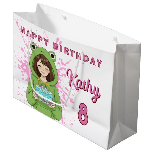 Personalized Kawaii Frog Hoodie Girl Birthday Große Geschenktüte (Vorderseite Schrägansicht)