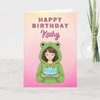 Personalized Kawaii Frog Hoodie Girl Birthday Karte