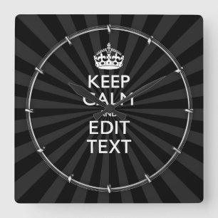 Personalized KEEP CALM Your Text Black Sunburst Quadratische Wanduhr