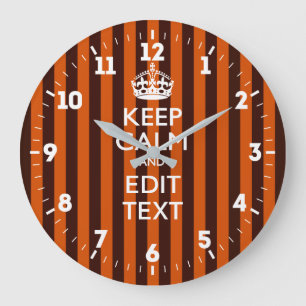 Personalized Keep Calm Your Text on Orange Stripes Große Wanduhr