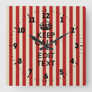 Personalized Keep Calm Your Text Popcorn Stripes Quadratische Wanduhr