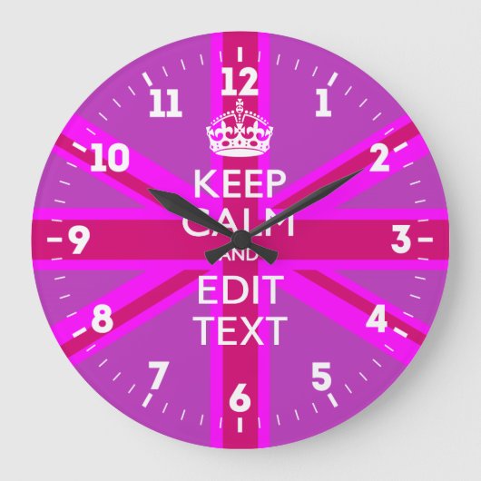 Personalized Keep Calm Your Text UK Flag Pink Große Wanduhr (Vorderseite)