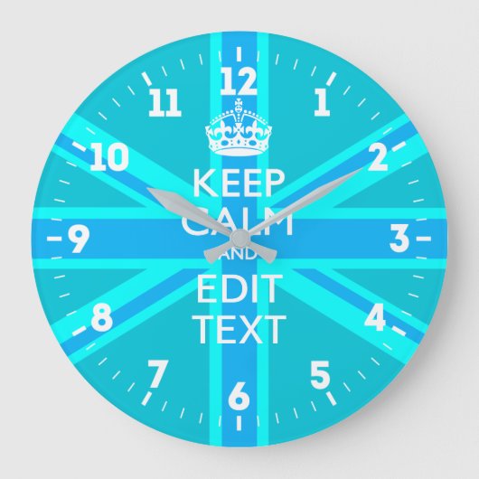 Personalized Keep Calm Your Text UK Flag Sky Blue Große Wanduhr (Vorderseite)
