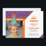 Personalized Kid Photo Happy Birthday Blue Hat v2 Einladung<br><div class="desc">Celebrate your little one's birthday with a festive custom purple invitation card that features a fun display of orange and yellow stars and circles. Personalize this bright design with a photo of your little birthday boy or girl, complete with a cheerful blue birthday hat. Add a special touch with a...</div>