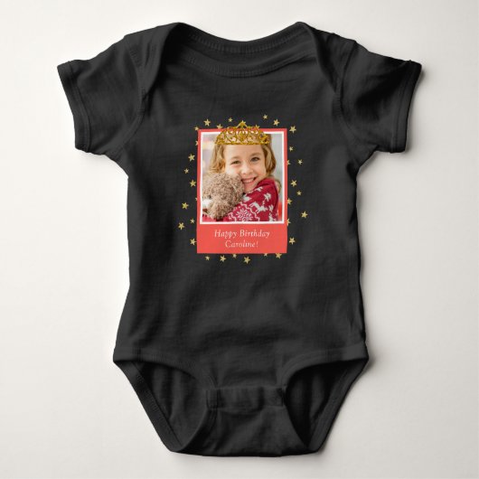 Personalized Kid Photo Happy Birthday Gold Crown Baby Strampler (Vorderseite)