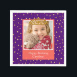 Personalized Kid Photo Happy Birthday Gold Crown Serviette<br><div class="desc">Celebrate your little one's special day in royal style with this custom purple paper napkin that features an elegant background of gold shimmery stars. Personalize this bright design with a photo of your young birthday girl, complete with a beautiful gold princess crown. Add a special touch with a personalized greeting,...</div>