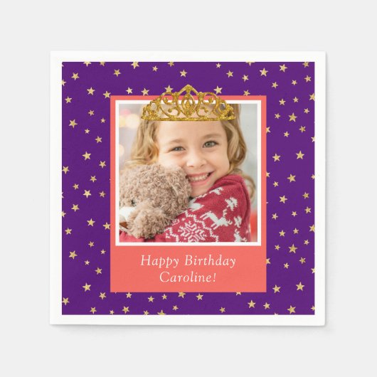 Personalized Kid Photo Happy Birthday Gold Crown Serviette (Vorderseite)