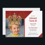 Personalized Kid Photo Happy Birthday King Crown Einladung<br><div class="desc">Celebrate your little one's birthday with a royal custom red invitation card that features an elegant background of gold shimmery lines. Personalize this bright design with a photo of your young birthday boy, complete with a beautiful gold prince or king crown. Add a special touch with your personalized event details....</div>