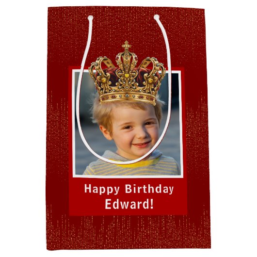 Personalized Kid Photo Happy Birthday King Crown Mittlere Geschenktüte (Vorderseite)