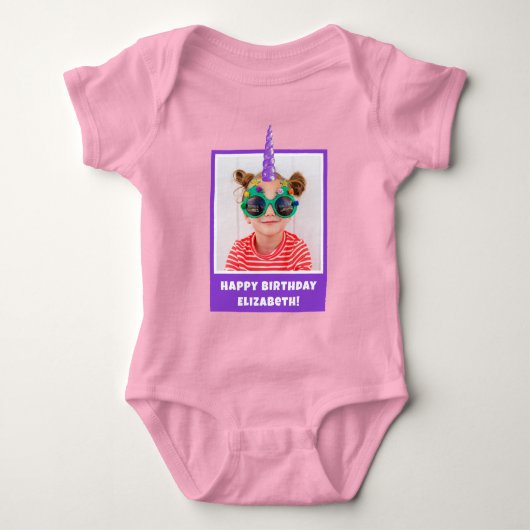 Personalized Kid Photo Happy Birthday Unicorn Baby Strampler (Vorderseite)