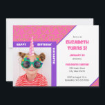 Personalized Kid Photo Happy Birthday Unicorn Einladung<br><div class="desc">Celebrate your little one's special day in style with this festive custom purple and pink invitation card that features a fun photo with a pink unicorn horn. In the background there is a pattern of pretty gold glitter hearts. Personalize this bright design with a photo of your birthday boy or...</div>