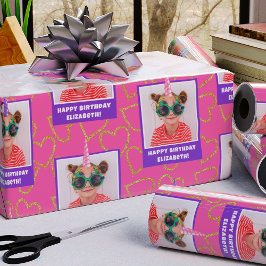 Personalized Kid Photo Happy Birthday Unicorn Geschenkpapier