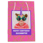 Personalized Kid Photo Happy Birthday Unicorn Mittlere Geschenktüte (Vorderseite)