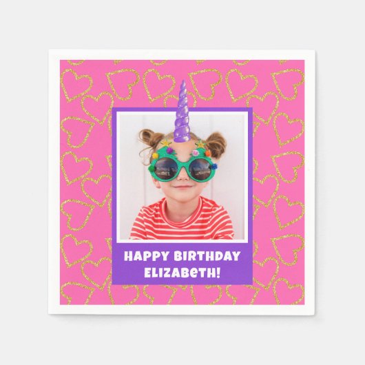 Personalized Kid Photo Happy Birthday Unicorn Serviette (Vorderseite)