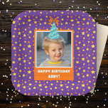 Personalized Kid Photo Happy Birthday w/ Blue Hat<br><div class="desc">Celebrate your little one's birthday with a festive custom purple paper plate that features a fun display of orange and yellow stars and circles. Personalize this bright design with a photo of your little birthday boy or girl, complete with a cheerful blue birthday hat. Add a special touch with a...</div>