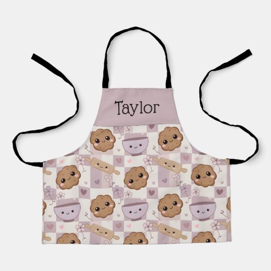 Personalized Kids Apron Kawaii Cookie Gingham Bake Schürze (Vorderseite)
