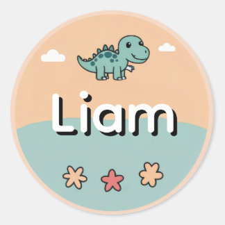 Personalized Kids Name Sticker– Cute Dinosaur  Runder Aufkleber
