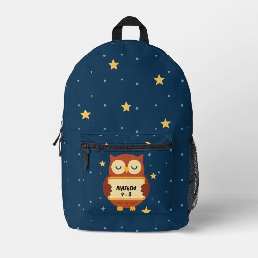 Personalized Kids Owl Backpack – Starry Night Name Bedruckter Rucksack (Vorderseite)