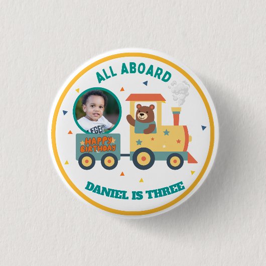 Personalized Kids Train Birthday Photo  Button (Vorderseite)