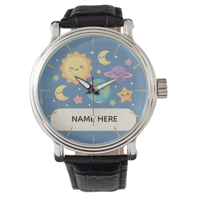 Personalized Kids Watch with Name Cute Space Theme Armbanduhr (Vorderseite)