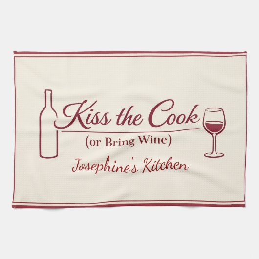 Personalized Kiss the Cook or Bring Wine Funny Red Geschirrtuch (Horizontal)