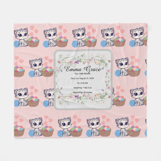 Personalized Kitten Baby Blanket | Custom Birth Fleecedecke (Vorderseite (Horizontal))